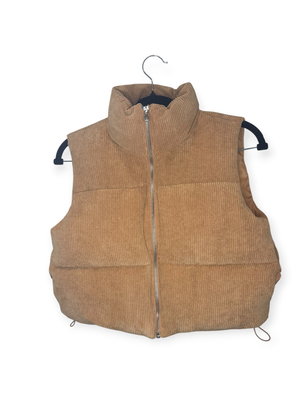 Women’s Tan Corduroy Puffer Vest - High Collar Zip XS
